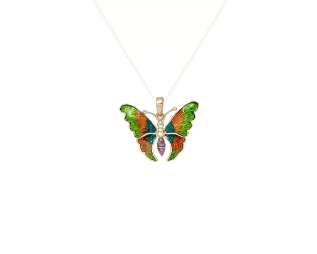 Złota zawieszka fantazyjny motylek z czułkami, kolor zielono-rudy, z fioletowym tułowiem