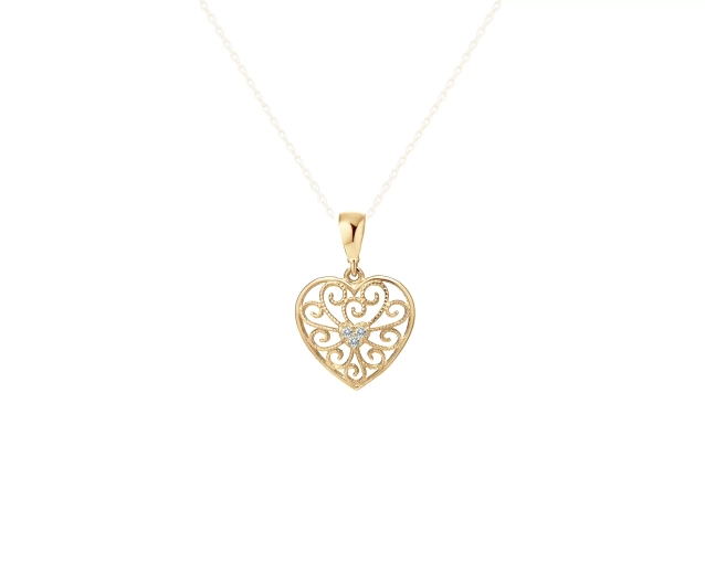 Zawieszka złota do naszyjnika w kształcie serca o ażurowym wzorze z cyrkoniami wewnątrz