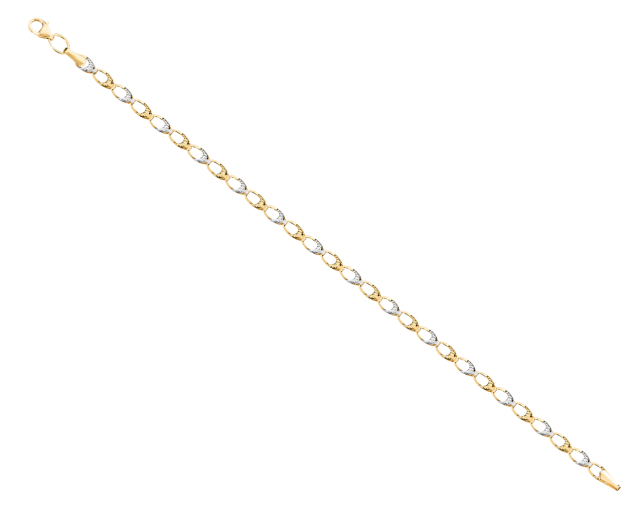 Bransoletka ze złota dwukolorowego typu bismarck z nacięciami na krawędzi owalnych ogniw