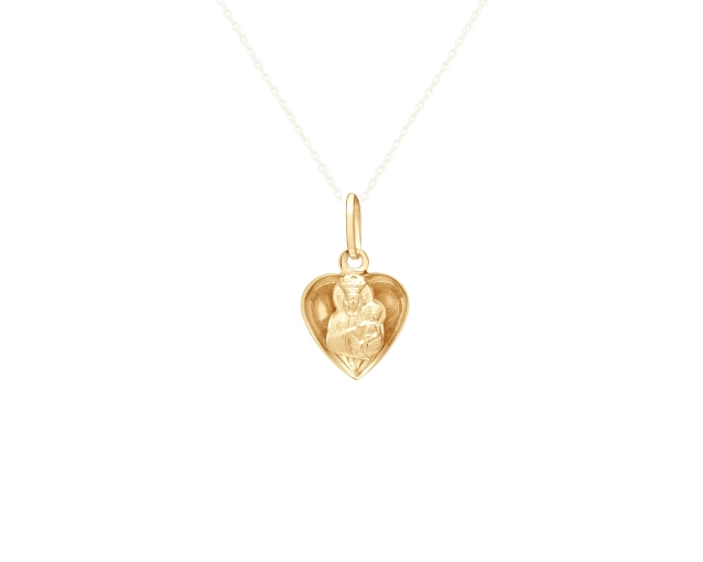 Zawieszka złota medali w kształcie serca z wypukłym wizerunkiem Matki Boskiej w środku