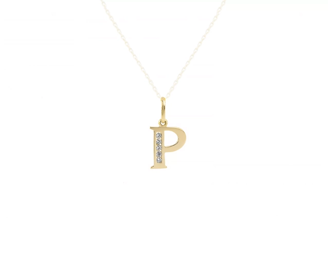 Zawieszka złota w kształcie litery P ozdobiona cyrkoniami