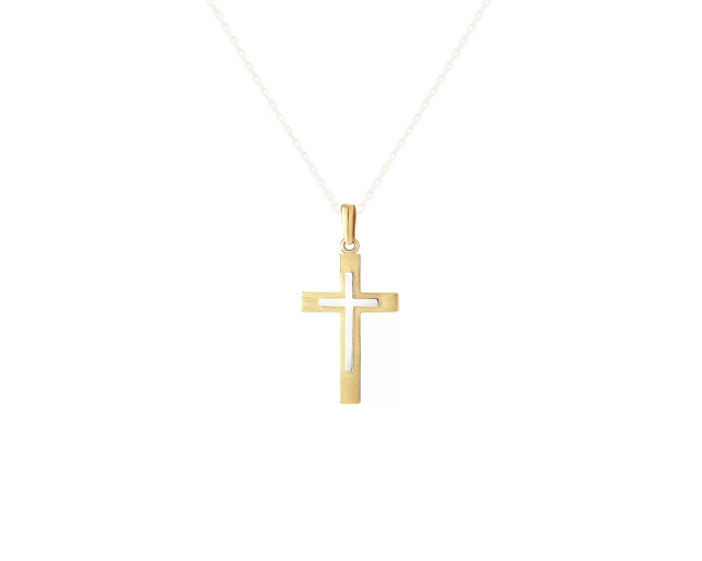 Zawieszka złota komunijna w kształcie krzyża dwukolorowa w stylu nowoczesnym