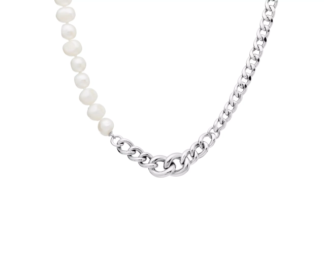 Srebrny naszyjnik z białymi perłami, gęsty łańcuszek, elegancki wyb