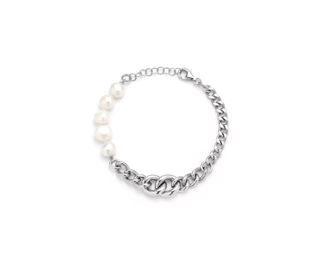 Srebrna bransoletka z białymi perłami i grubym łańcuszkiem