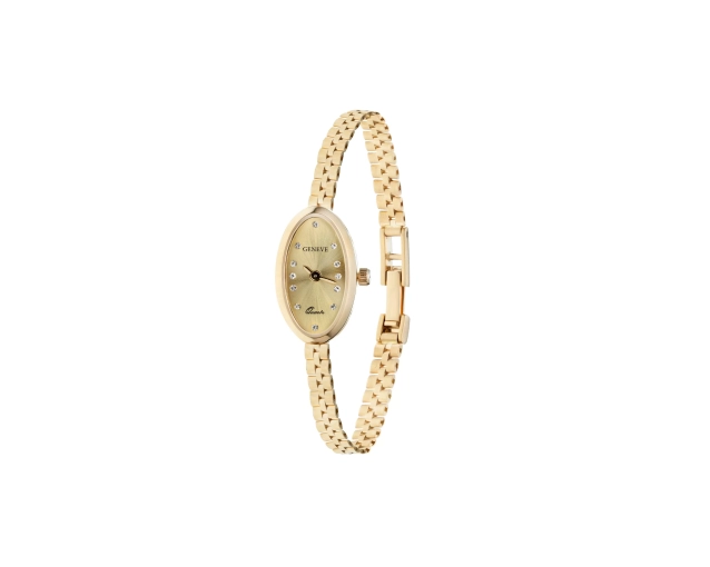 Zegarek złoty analogowy na pełnej bransolecie z owalną tarczą i białymi cyrkoniami