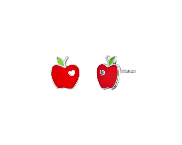 Srebrne dziecięce kolczyki jabłuszko z czerwoną emalią i cyrkonią