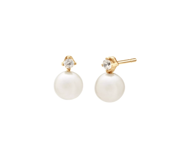 kolczyki złote z białą perłą i białą cyrkonią, małe