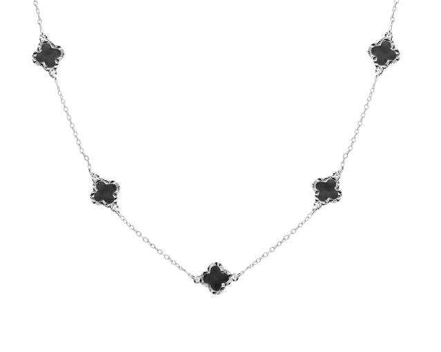 Naszyjnik srebrny z czarnymi emaliowanymi koniczynami