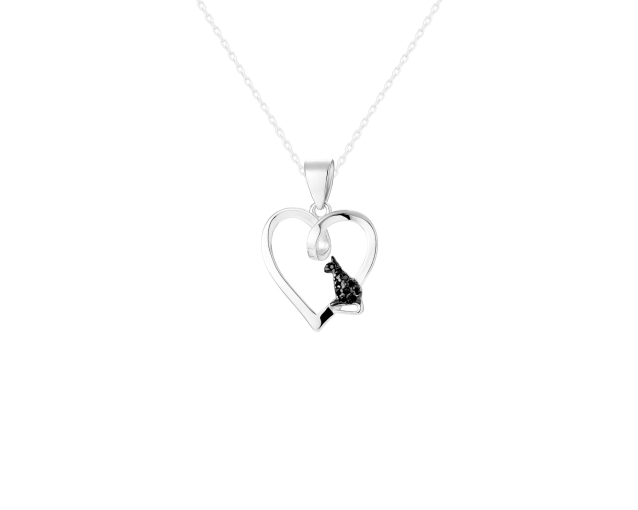 Zawieszka srebrna w kształcie serca z małym kotem ozdobionym czarnymi cyrkoniami