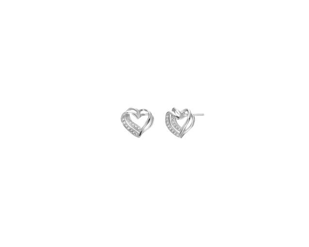 Kolczyki srebrne punktowe w kształcie serc z oryginalnym skrętem, ozdobione cyrkoniami