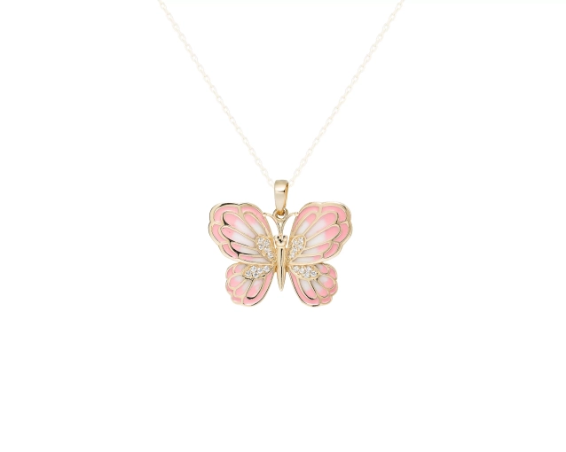 Zawieszka złota motyl z emaliowanymi skrzydłami z dodatkiem białych cyrkonii, różowa