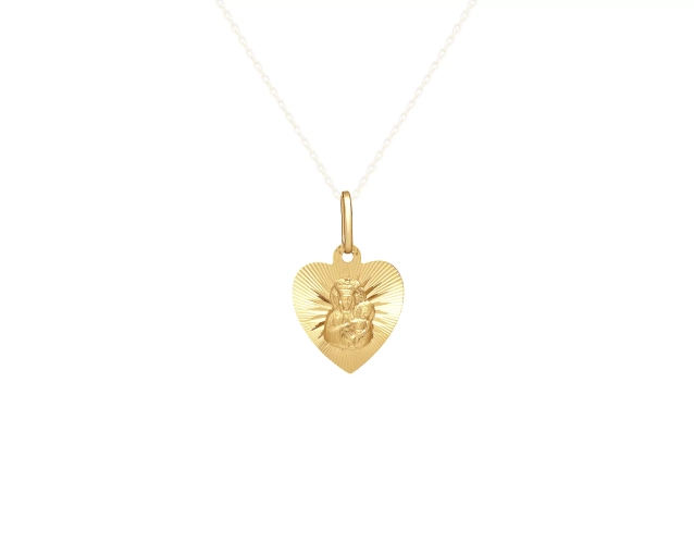Zawieszka złota medalik komunijny w kształcie serca z Matką Boską otoczoną promieniami