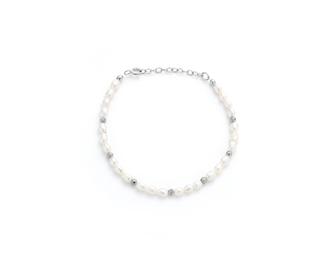 Bransoletka srebrna koralikowa z białymi perłami