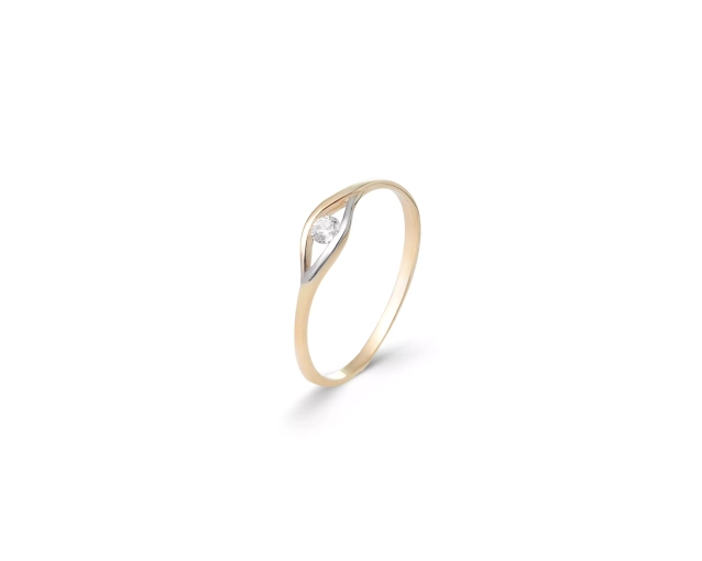 Złoty cienki pierścionek dwukolorowy z motywem oka i białą cyrkonią w środku