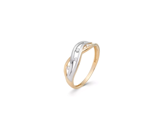 Złoty pierścionek dwukolorowy z plecionym wzorem z białymi cyrkoniami