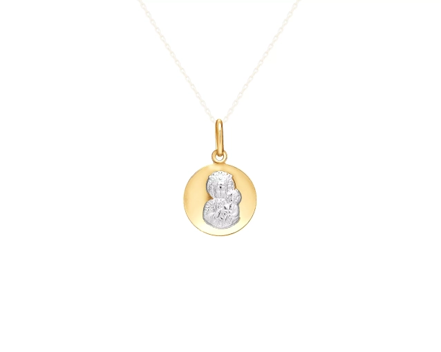 Zawieszka złota okrągła medalik żółty z wizerunkiem Matki Boskiej z białego złota