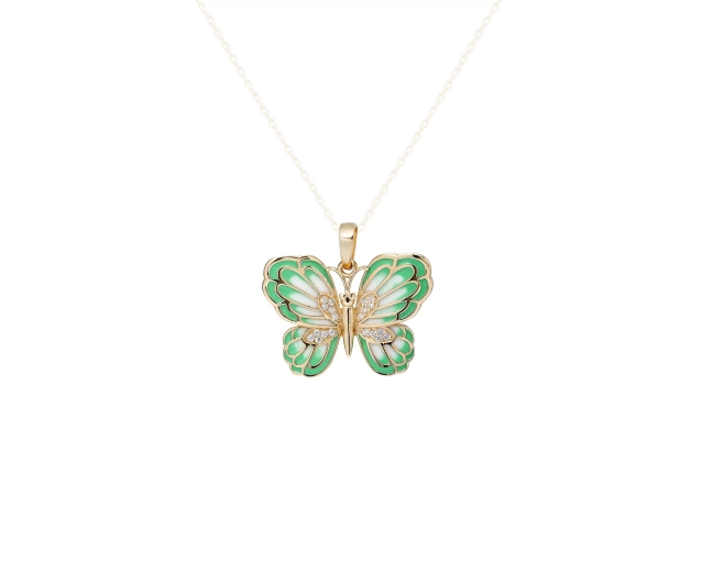 Zawieszka złota motyl z zielonymi skrzydłami emaliowana zdobiona cyrkoniami w środku
