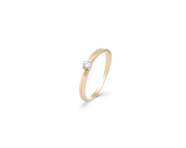 Złoty klasyczny pierścionek cienki z małą białą cyrkonią w 4-elementowej oprawie typu prong