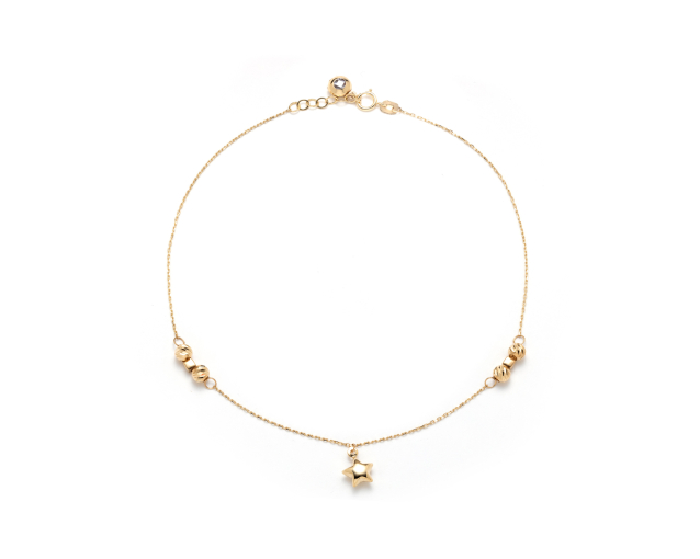 Złota bransoletka łańcuszkowa na kostkę z koralikami i pojedynczą zawieszką w kształcie gwiazdki