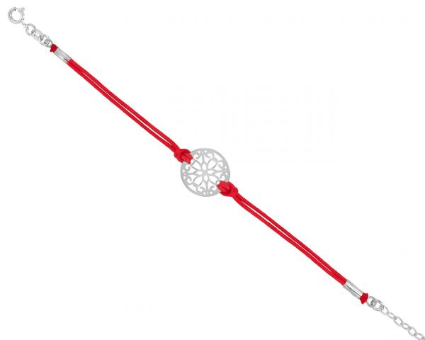 Bransoletka srebrna damska rozeta ażurowa na sznurku w kolorze czerwonym