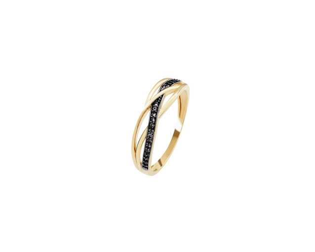 Złoty pierścionek wielokamieniowy z czarnymi cyrkoniami plecionka