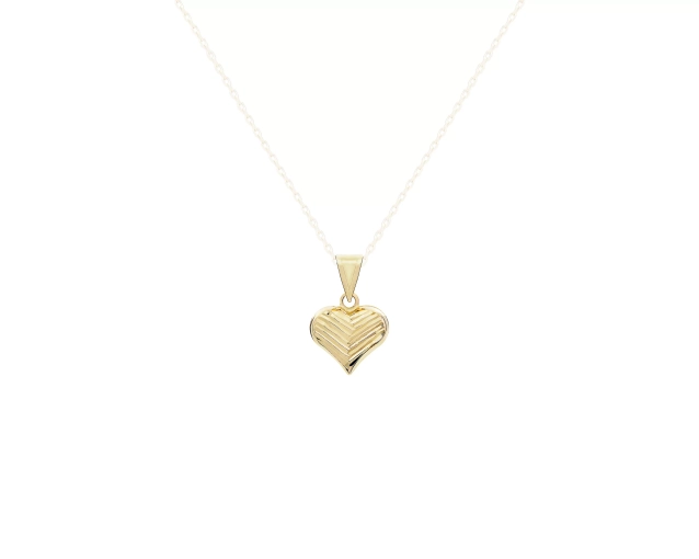 Złota zawieszka w kształcie serca ze skośnymi żłobieniami w jodełkę na powierzchni
