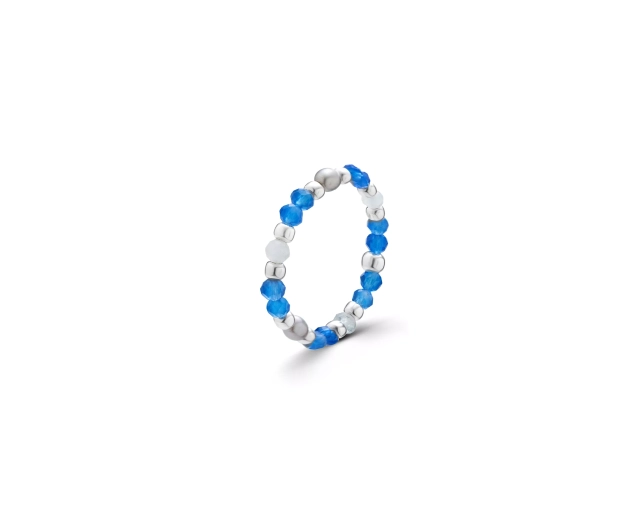 Pierścionek elastyczny ze srebrnymi kulkami i koralikami z szarych pereł oraz kamienia naturalnego błękitnego i niebieskiego