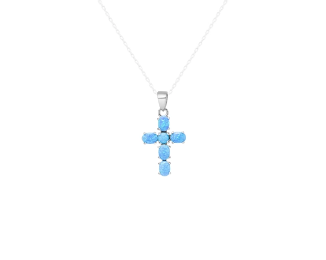 Zawieszka srebrna z błękitnymi owalnymi opalami oprawionymi w łapki ułożonymi na kształt krzyża