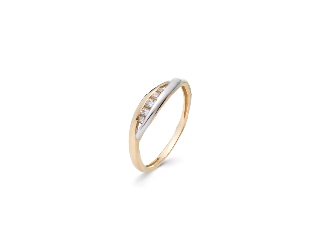 Złoty dwukolorowy pierścionek w kształcie wrzeciona z cyrkoniami