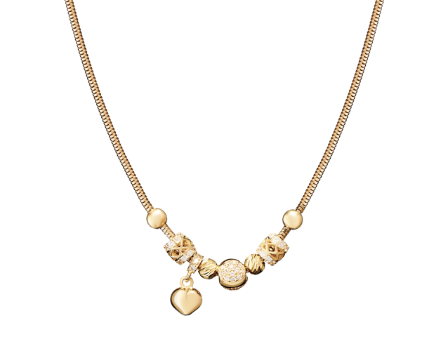 Naszyjnik złoty kolia łańcuszkowa z koralikami wysadzanymi cyrkoniami i zawieszką w kształcie serca
