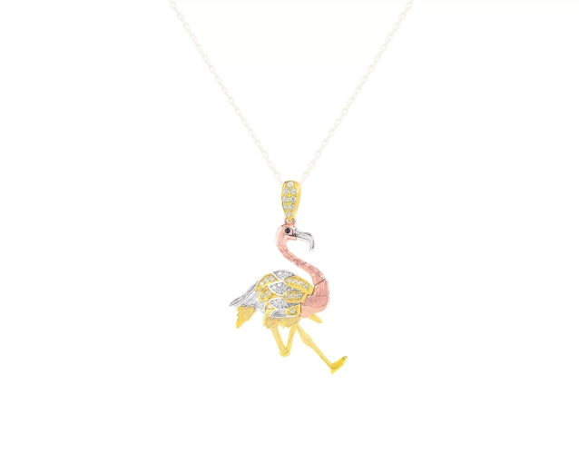 Zawieszka z trzech kolorów złota w kształcie flaminga z cyrkoniami 5,5 cm