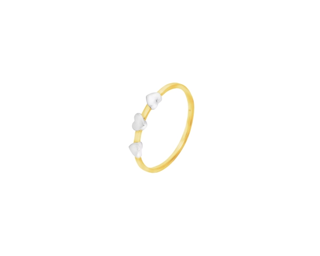 Złoty pierścionek bezkamieniowy z żółtą obrączką i trzema białymi serduszkami