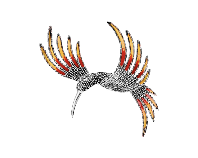 Broszka srebrna w kształcie kolibra z czerwoną emalią i markasytem