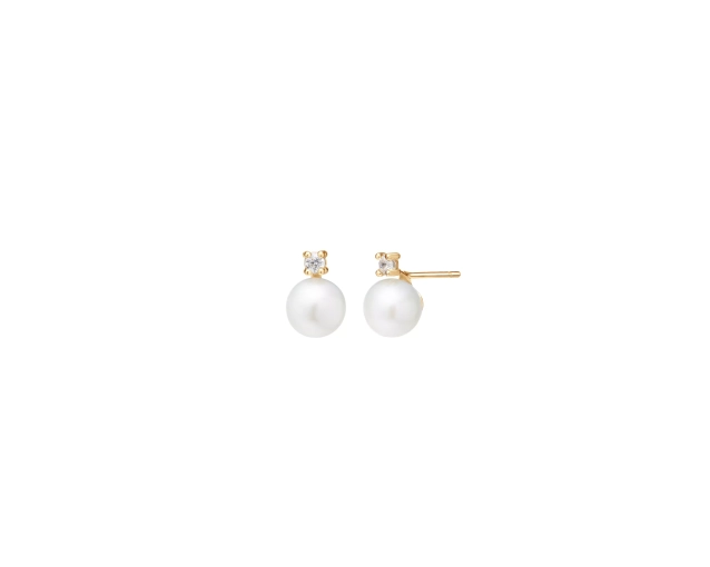 Kolczyki złote punktowe z białą perłą i białą cyrkonią
