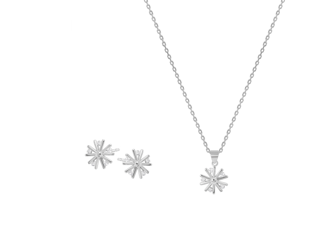 Komplet srebrny z cyrkoniami kolczyki punktowe i zawieszka w kształcie płatków śniegu