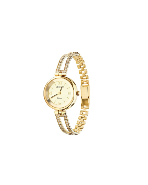 Złoty zegarek damski analogowy okrągły z bransoletką wysadzaną białymi cyrkoniami