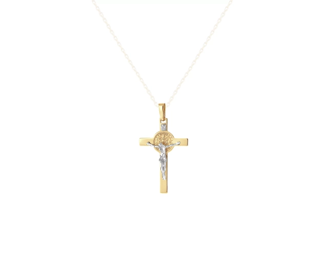 Zawieszka złota komunijna w kształcie krzyża dwukolorowa
