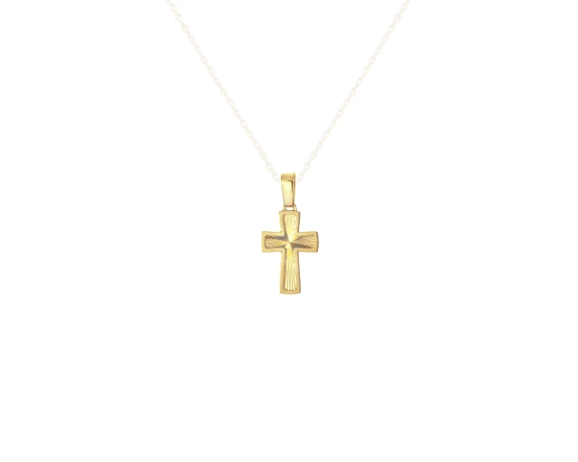 Zawieszka złota mała w kształcie krzyża o zaokrąglonych krawędziach, z wewnętrznym wzorem na powierzchni