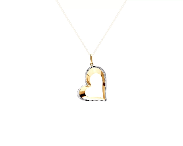 Zawieszka złota dwukolorowa w kształcie serca ze zdobioną białym złotem krawędzią