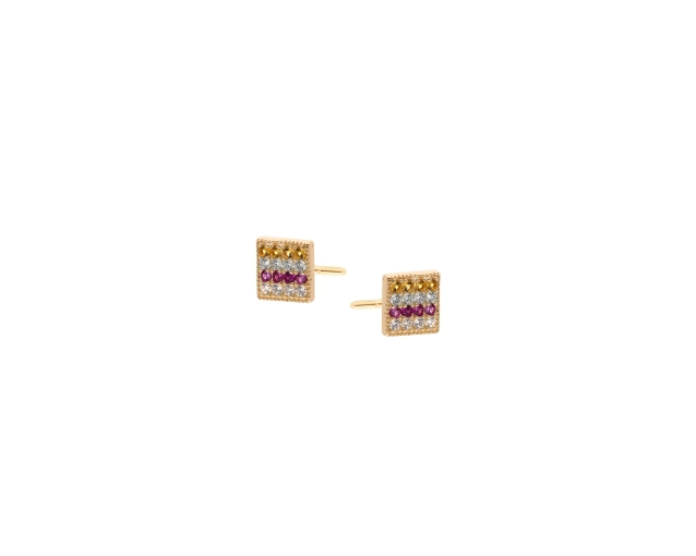 Kolczyki złote punktowe kwadraty wysadzane cyrkoniami w kolorach białym, bursztynowym i purpurowym