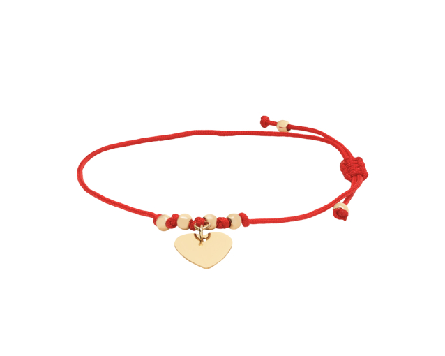 Bransoletka sznurkowa czerwona ze złotymi koralikami i zawieszką w kształcie serca