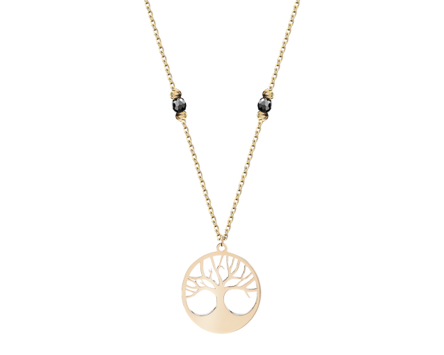 Naszyjnik złoty łańcuszkowy z wisiorkiem z motywem drzewa i czarnymi koralikami z kamienia naturalnego