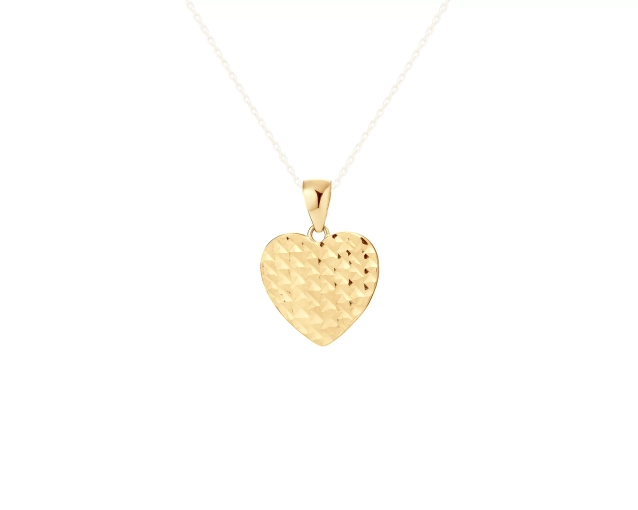Zawieszka złota dwustronna w kształcie serca z tłoczonym wzorem