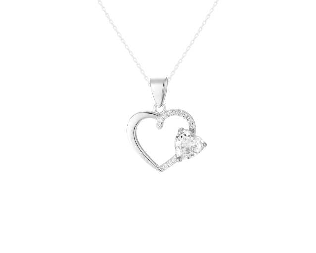 Zawieszka srebrna w kształcie serca zdobiona cyrkoniami i sercem z cyrkonii