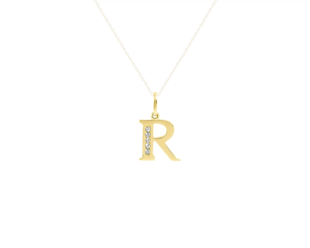 Zawieszka złota litera R z cyrkoniami