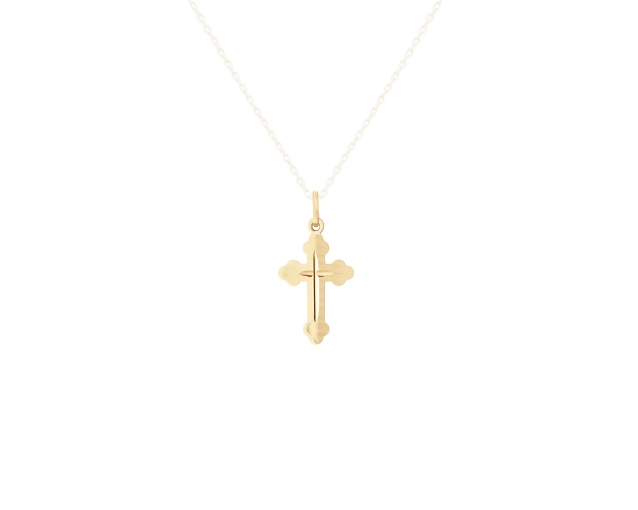 Zawieszka złota w kształcie krzyża z ramionami z zaokrąglonymi zdobieniami