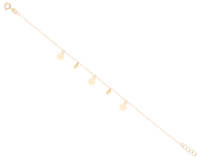 Bransoletka złota celebrytka łańcuszkowa z czterolistnymi koniczynkami i kulkami