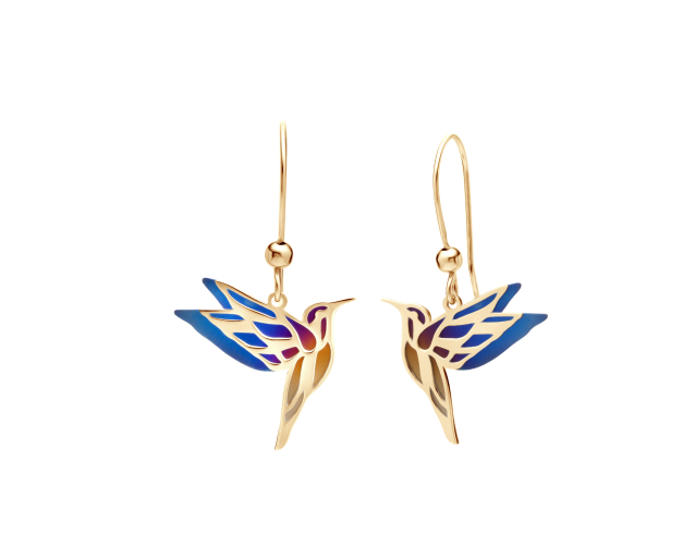 Kolczyki srebrne pozłacane z tytanem wiszące w kształcie kolibra