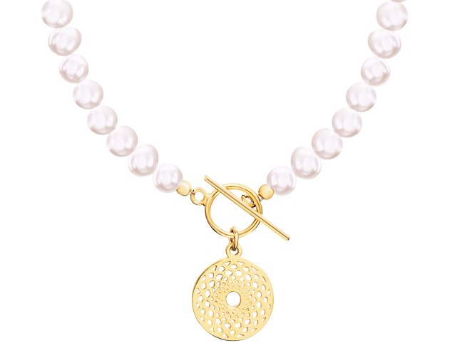 Srebrny naszyjnik pozłacany z białymi perłami i wisiorkiem w kształcie rozety zakończony zapięciem na kółko