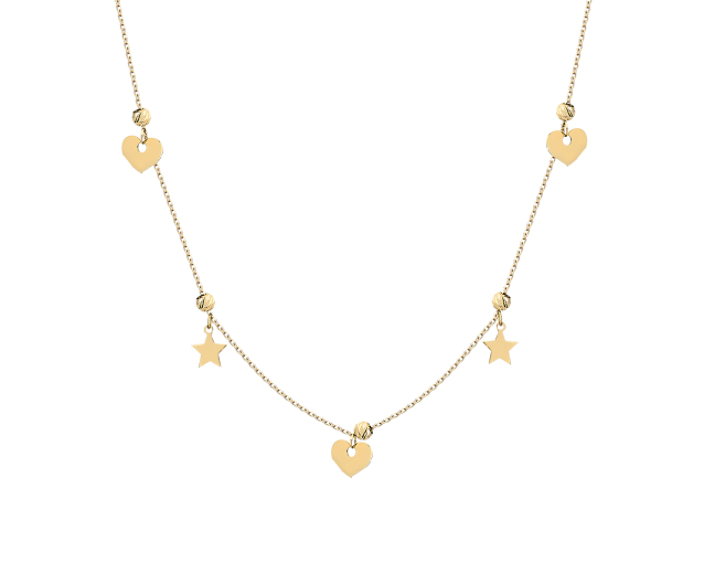 Złoty naszyjnik krótki z zawieszkami - dwiema gwiazdami i trzema sercami ułożonymi naprzemiennie